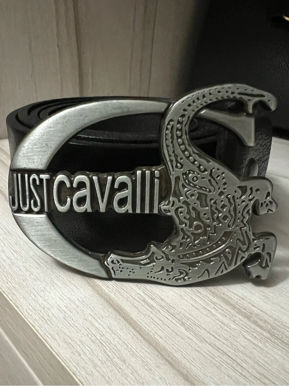 Just Cavalli Black Leather Belt with Silver Crocodile Logo Buckle